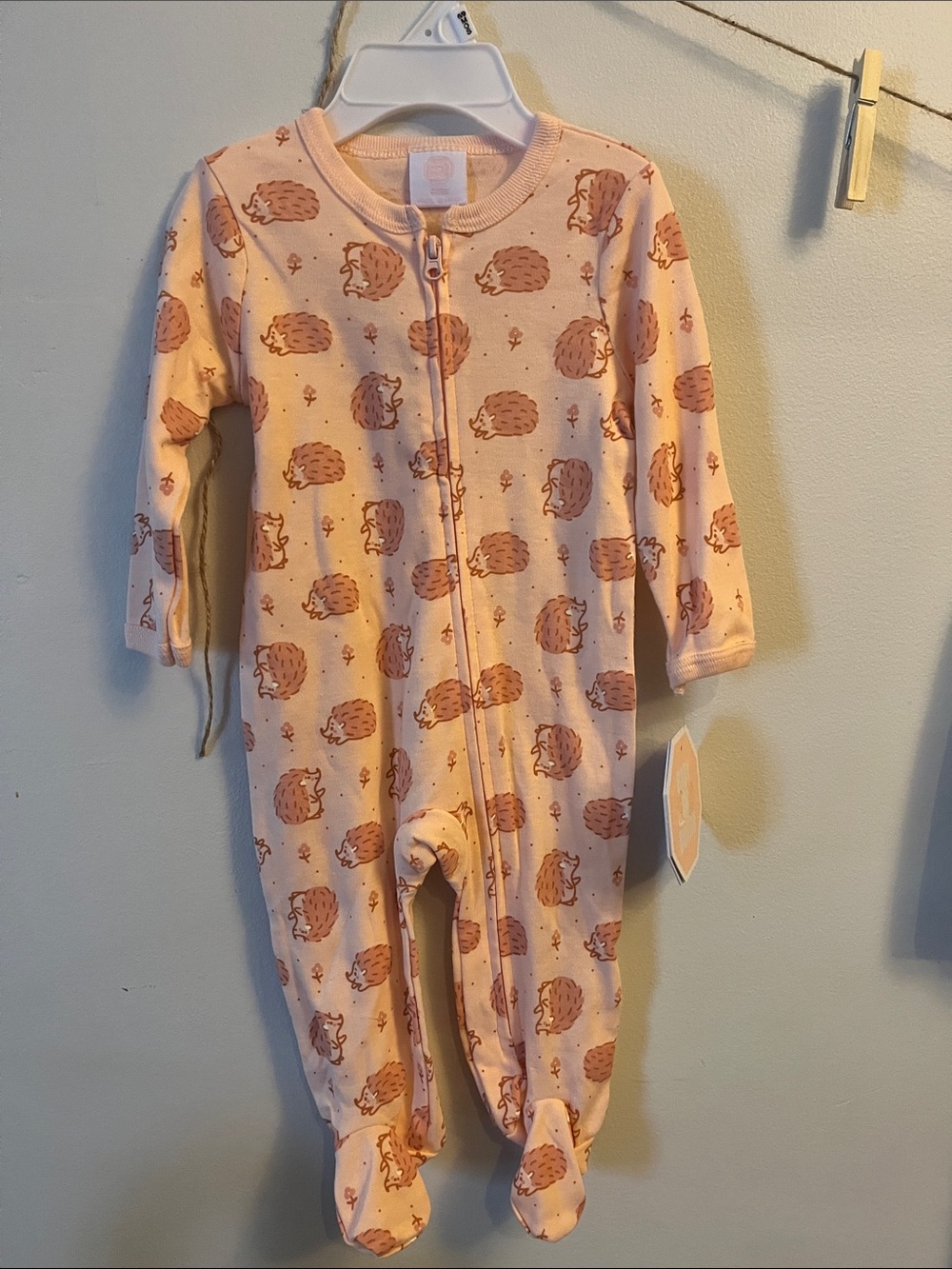 Pink Hedgehog-Print Footed One-Piece Pajamas with Zipper